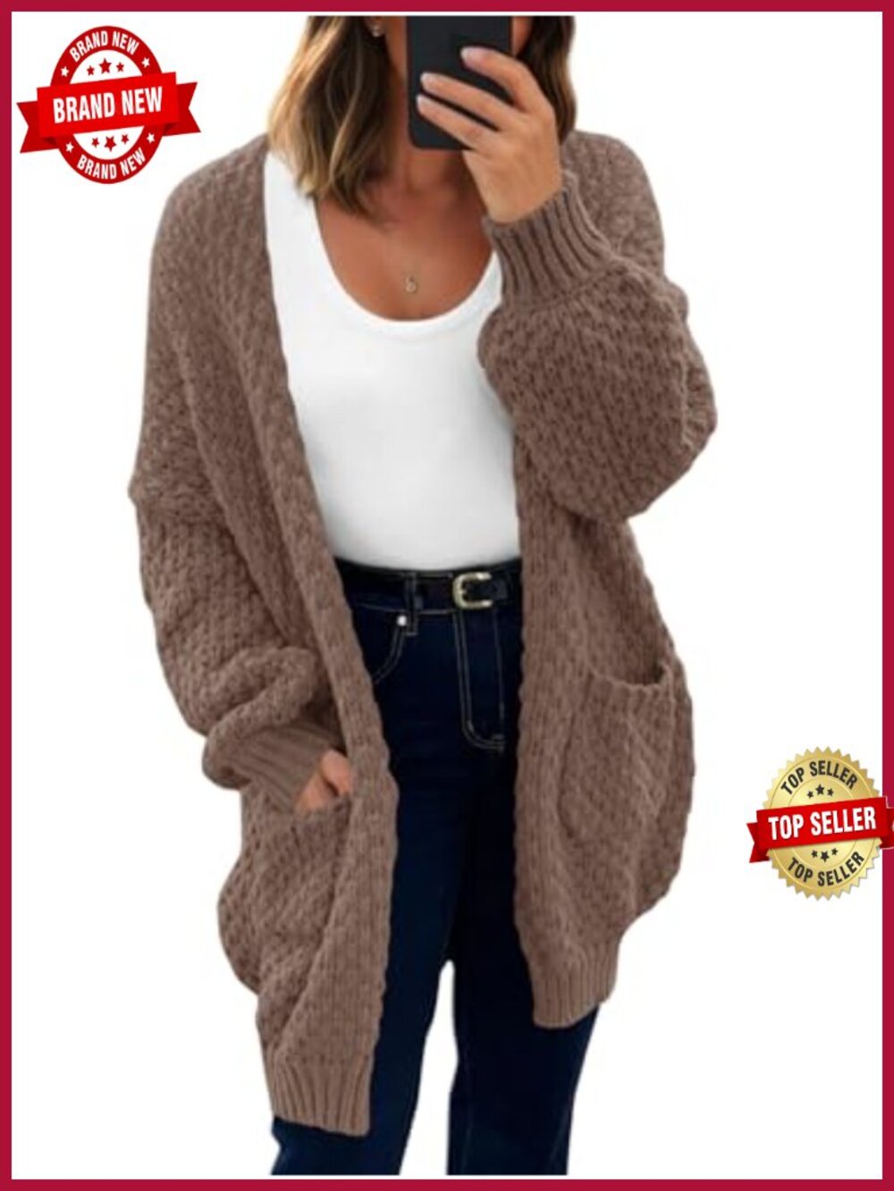 Waffle Knit Open Front Cardigan Oversized Lantern Sleeve